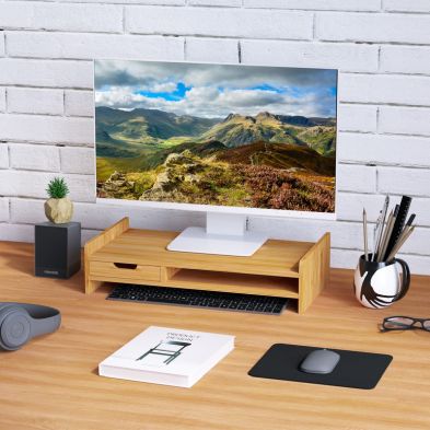 See more information about the Homcom Monitor Riser Laptop Pc Plinth Stand Tv Computer Desktop Organiser With Drawer Bamboo